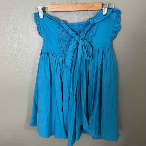 DO BE Blue Tie Neck Mini Dress Split Top Size Medium Casual comfort summer - Picture 3 of 6